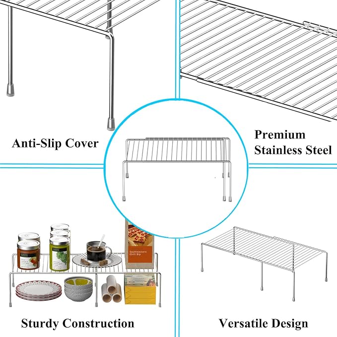 GEDLIRE Kitchen Cabinet Expandable Shelf Organizers, Adjustable Metal Wire Pantry Storage Shelves, Plate Dish Organizer Rack for Cabinets, Cupboard, Counter, Freezer, Countertop, Chrome