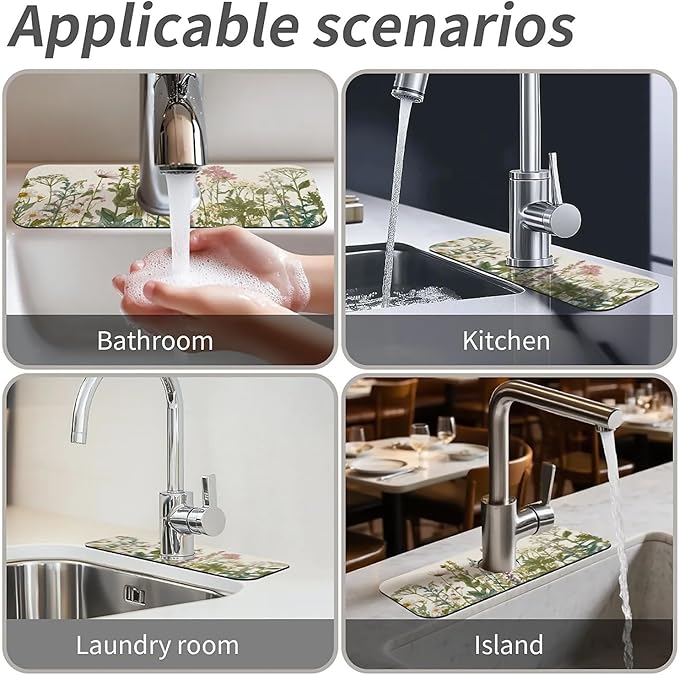 Kitchen Sink Splash Guard,English vintage garden Faucet Mat Sink Gadgets-Super Absorbent Fast Drying Mat Drip Catcher for Kitchen, Bathroom,Sink Mat, Dish Drying Mat, Bathroom(15" X 5.5" )