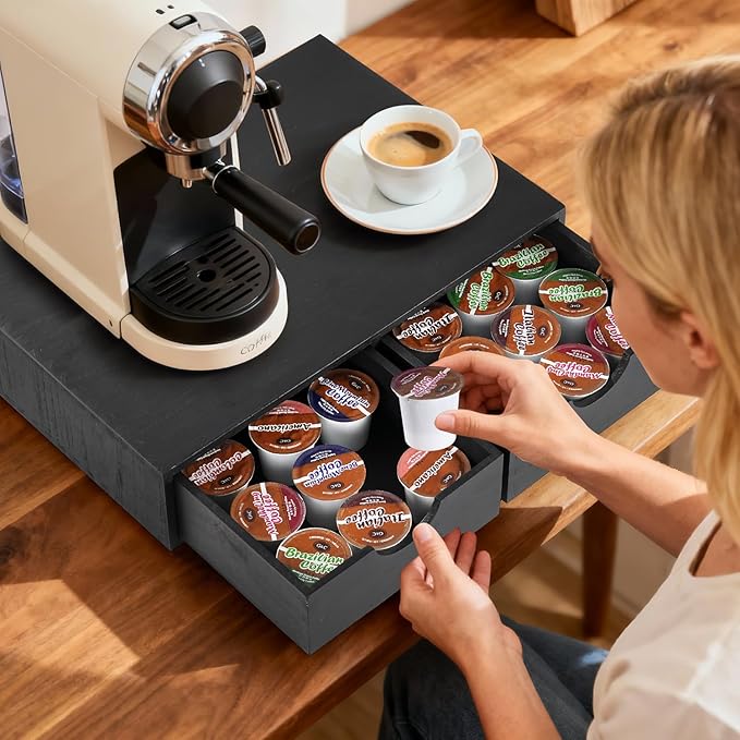 QYJinlida Wooden K Cup Organizer Coffee Pod Storage Box, Coffee Pod and Tea Bag Holder,Kcup Drawer Coffee Maker Stand,Home Kitchen Counter Holds Up to 30 Pods Capacity (2 Drawer) (Elegant Black)