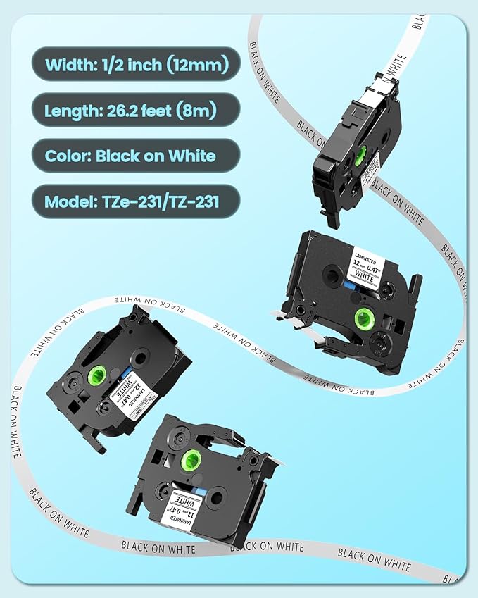 Labelife TZe TZ Tape 12mm 0.47 Laminated White Label Maker Tape Replacement for Brother P Touch Label Tape TZe-231 TZe231 Compatible with Brother PT-D210 PT-D220 PT-H110 PT-D410 PT-P710BT, 4-Pack