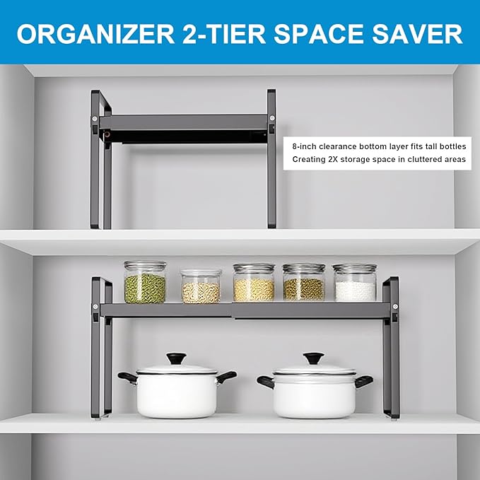 Expandable Cabinet Shelf Organizer 14-25 Inch Adjustable Length, 11" Wide 2-Tier (8" Bottom Layer) Metal Storage Rack for Kitchen Pantry, Under Sink Countertop - Heavy Duty Black(1 Pack)