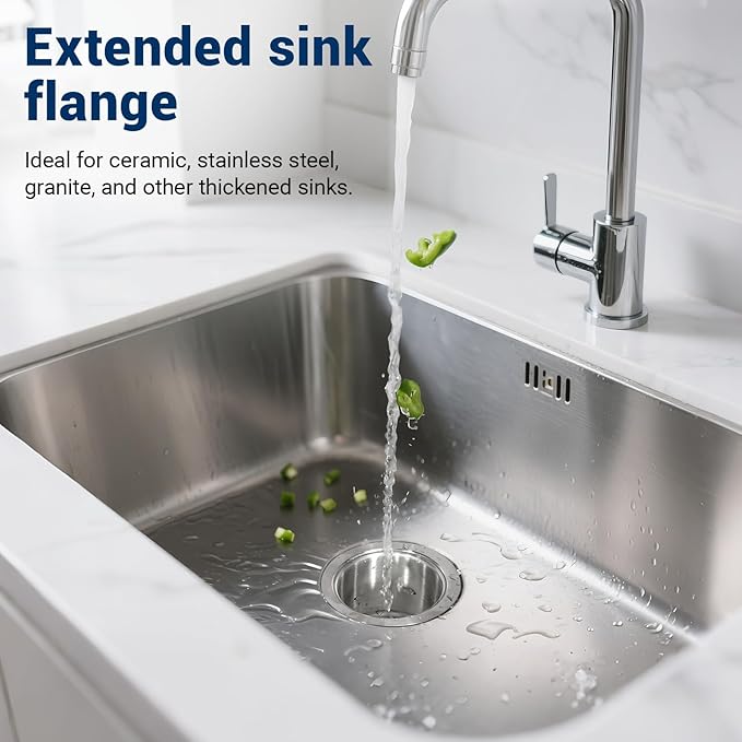 Kitchen Extended Garbage Disposal Flange Strainer Stainless Steel Kit with Basket Strainer and Drain Stopper for 3 1/2 Inch Standard Sink Drain, Deep Sink Flange for Disposer, Brushed Stainless