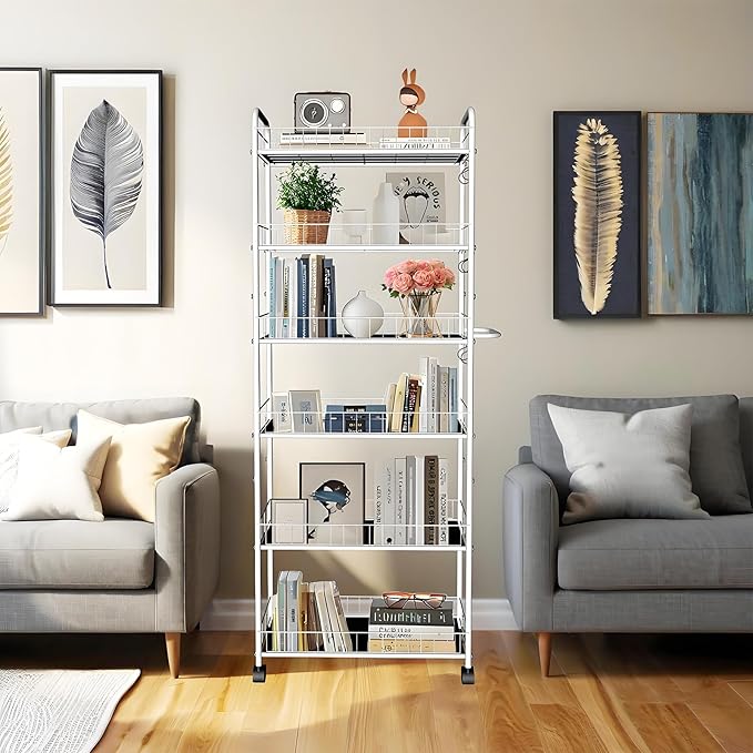 10in 6 Tier Slim Storage Cart with Wheels, Narrow Space Rolling Shelving Unit with Handle, Metal Wire Mobile Organizer Rack for Kitchen Bathroom Office Laundry