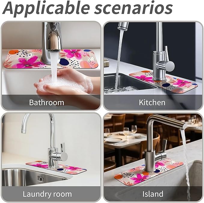 Kitchen Sink Splash Guard,Pink-orange flowers Faucet Mat Sink Gadgets-Super Absorbent Fast Drying Mat Drip Catcher for Kitchen, Bathroom,Sink Mat, Dish Drying Mat, Bathroom(15" X 5.5" )