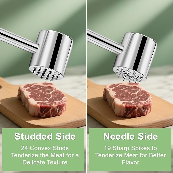 Real 316L Stainless Steel Meat Tenderizer Mallet Hammer,2-in-1 Professional Meat Tenderizer tool,Sharp Spikes for more Flavor,Commercial Grade Kitchen Mallet Pounder,Heavy Duty 1.09lb,Dishwasher Safe