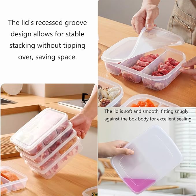 4 Pcs Reusable Food Storage Containers with Lids, Food Containers for Storing fruits, Meat, Snacks Spices、Seasonings and Vegetables.(3 Compartments)