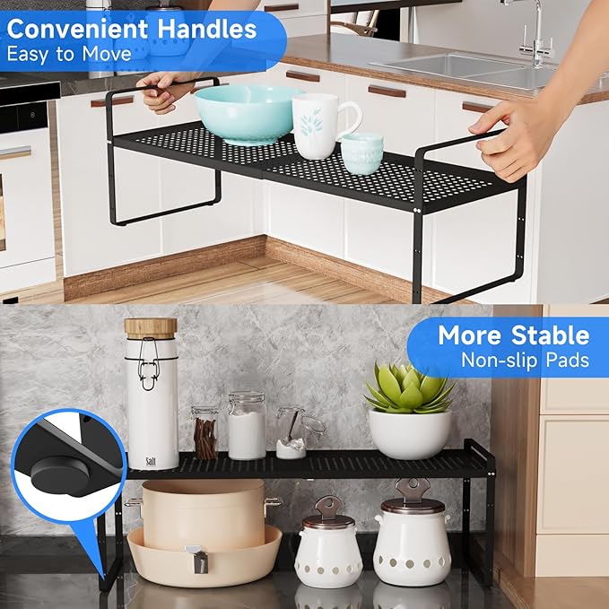 KIKIBRO Expandable Cabinet Shelf Organizers, Kitchen Small Stand Rack Organization for Countertop Cupborad Pantry, Black 3 Pack