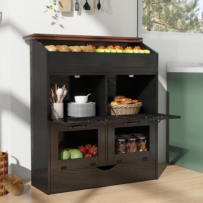 Patiorama Wood Potato and Onion Storage Bin Box, Large Vegetable Storage Box w/Lid,Wooden Bread Storage Bin w/4 Mesh Doors,Movable Bottom Drawer, Farmhouse Potato Storage Bins for Kitchen Pantry Black