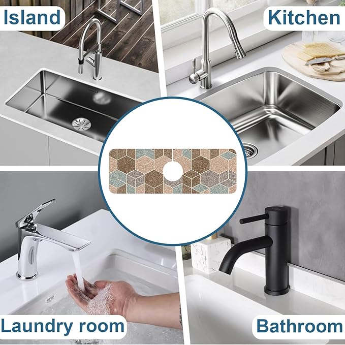 Geometry Blocks Sink Splash Guard Glitter Geometry Faucet Absorbing Mat Fast Drying Mat Sink Gadgets Splash Guard Behind Faucet Drip Catcher for Kitchen Bathroom, 15.5"x5.5"