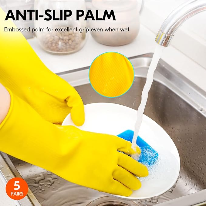 Vgo... 5-Pairs Reusable Household Gloves, Rubber Dishwashing gloves, Extra Thickness, Long Sleeves, Kitchen Cleaning, Working, Painting, Gardening, Pet Care (Size S, Yellow, HH4601)