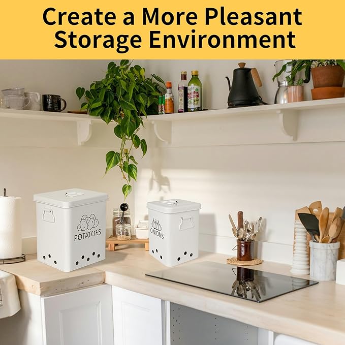 Potato and Onion Storage Bin, Set of 2 Vegetable Storage Tins with Metal Lids & Side Handles, Dual-row Ventilation Holes, Farmhouse Metal Kitchen Canisters Sets, White