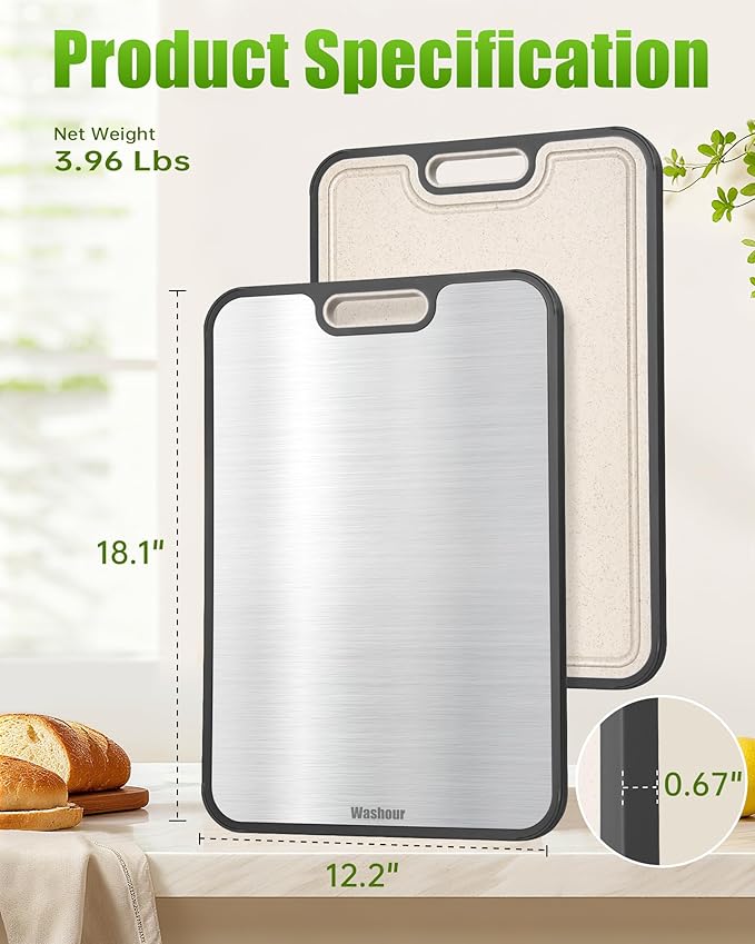 Washour Titanium Cutting Boards for Kitchen, Non Toxic 2-in-1 Cutting Board Double Sided, Chopping Boards for Fresh Meat Vegetable, Easy to Clean Large Size 18”×12”