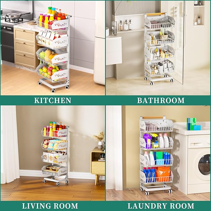 Heavy 4-Tier Snack Cart with Wheels ,Removable Rolling Pantry Floor Organizers ,Upgraded Wider and Thicker, Kitchen Fruit Basket Stand and Storage Rack for Fruit Snack Onion Potato
