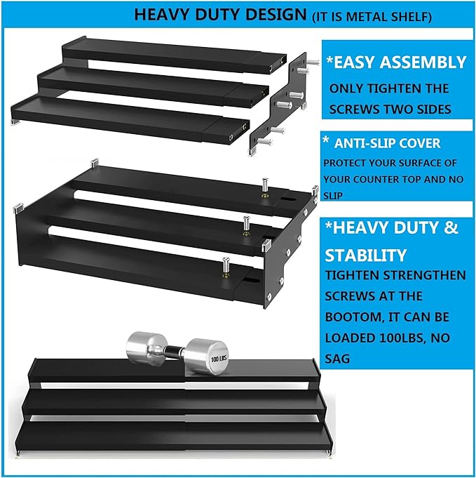 Wobmmi Expandable Spice Rack Storge organizer with 3-Tier step shelf for cabinet,seasoning racks organizion.Great for Kitchen countertop shelves,Pantry and more(2packs/Black)