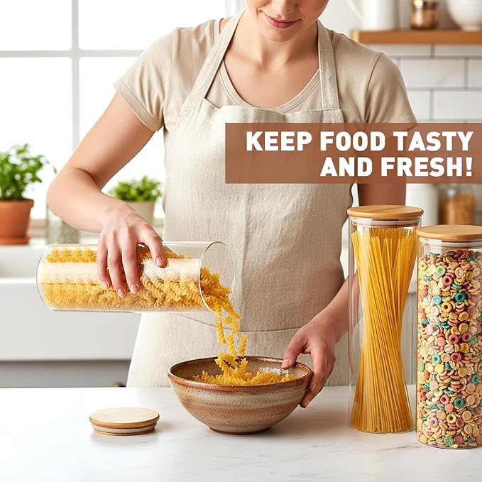 Glass Storage Jars with Bamboo Lids,3pcs Glass Pasta Storage Containers Food Storage with Bamboo Lids for Pasta,Flour,Cereal,Sugar,Cookie