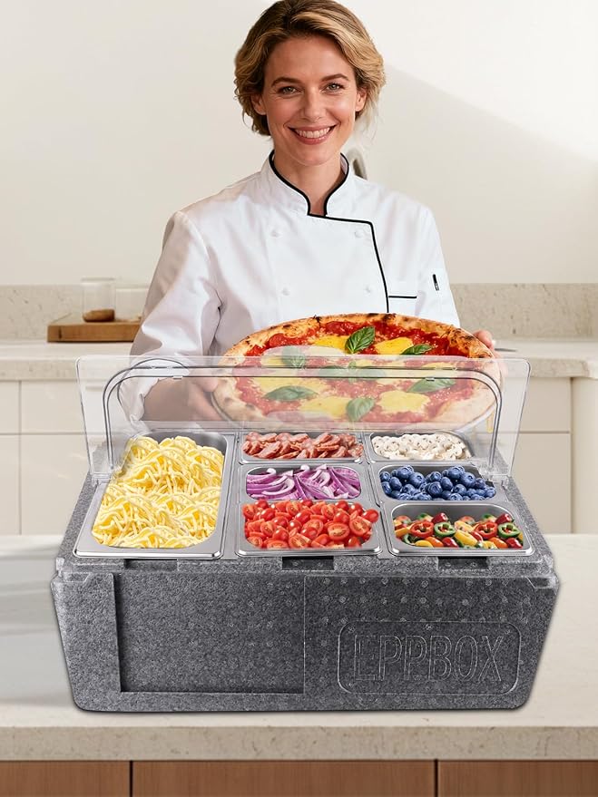 Lanstics Pizza Topping Station 10 Pans Salad Bar Buffet Station Insulated Cold Food Buffet Server with Ice Packs Lids Buffet Containers Set Platter Box for Party Buffet Keeping Food Cold