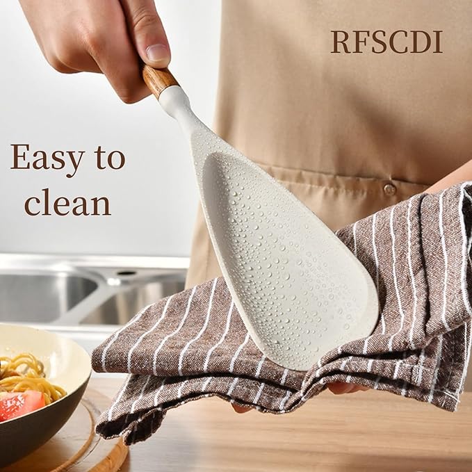 RFSCDI White Silicone Cooking Utensils Set, Kitchen Utensils Set 7 Pcs for cooking, Non-Toxic Spatula Set with Heat Resistant Wood Handles for Nonstick Cookware, (Cream White)
