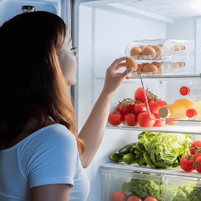 Egg Holder for Fridge, Automatic Steady Rolling Egg Container with Soft Bumpers & Handle for Refrigerator, Stackable Fridge Organizers and Storage with Lid