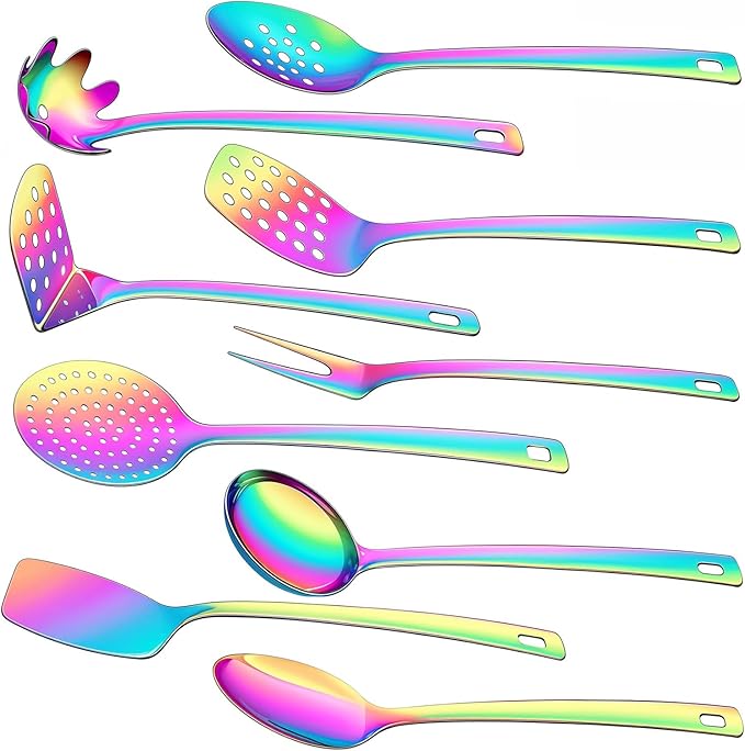 9 Pcs Premium Stainless Steel Kitchen Cooking Utensils Set Metal Cooking Utensils Tools Nonstick Heat Resistant -Ladle, Slotted Spoons, Slotted Turners, Masher, Fork, Skimmer, Spaghetti Server