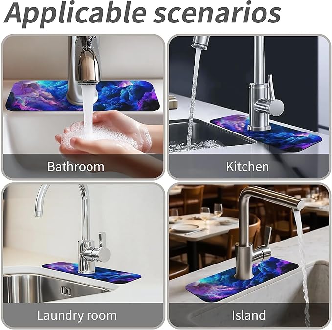 Kitchen Sink Splash Guard,Dark blue purple clouds Faucet Mat Sink Gadgets-Super Absorbent Fast Drying Mat Drip Catcher for Kitchen, Bathroom,Sink Mat, Dish Drying Mat, Bathroom(15" X 5.5" )