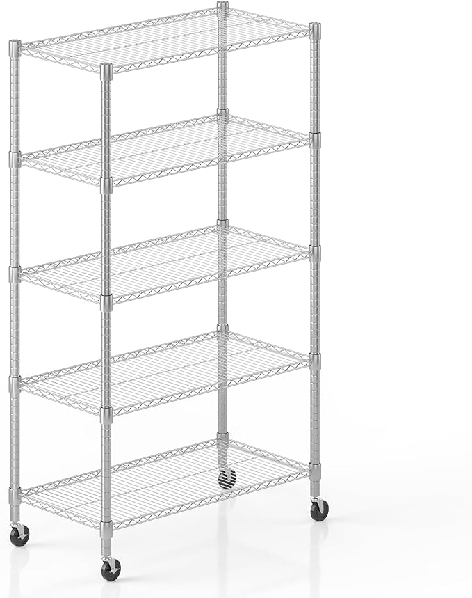Homdox Heavy Duty Storage Shelves, 5 Tier Wire Shelving Unit with Wheels, Commercial Adjustable Metal Shelves for Storage, Garage Rack Pantry Shelves Kitchen Shelving, 18"x36"x82", Chrome