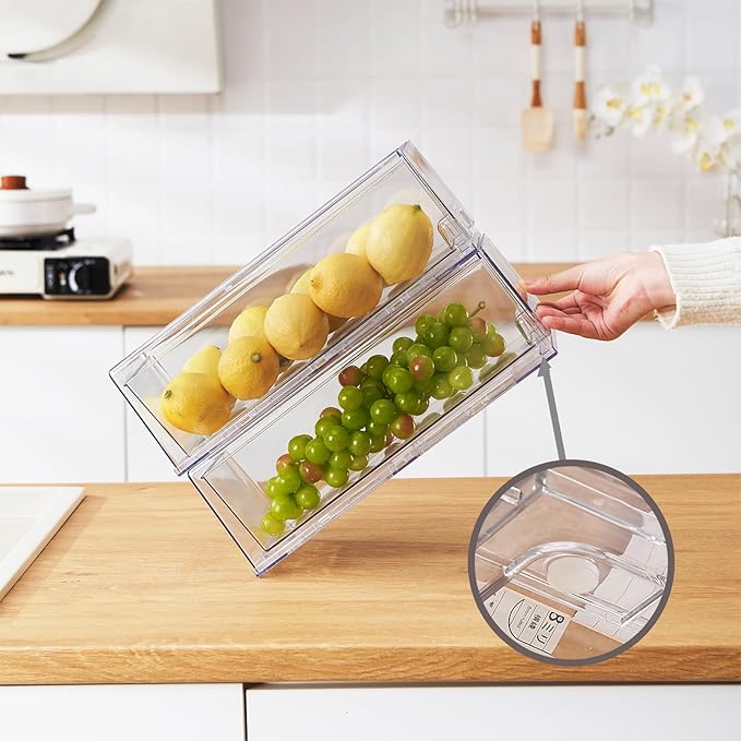 2 Pack Clear Stackable Refrigerator Organizers and Storage Drawers - Pull-Out Fridge Bins with Anti-Slip Base & Easy Clean, Plastic Organizers for Kitchen Pantry Cabinet Closet (Large)