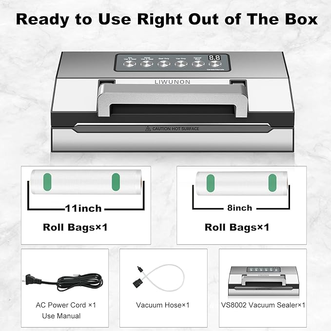 2026 Upgraded Precision Fast-Vacuum Sealer, LIWUNON Commercial Full Automatic Food Vacuum Sealer Machine, Double Heat Seal, Built-in Cutter&Bag Storage, Powerful Food Vacuum Saver, 2 Bag Rolls&hose
