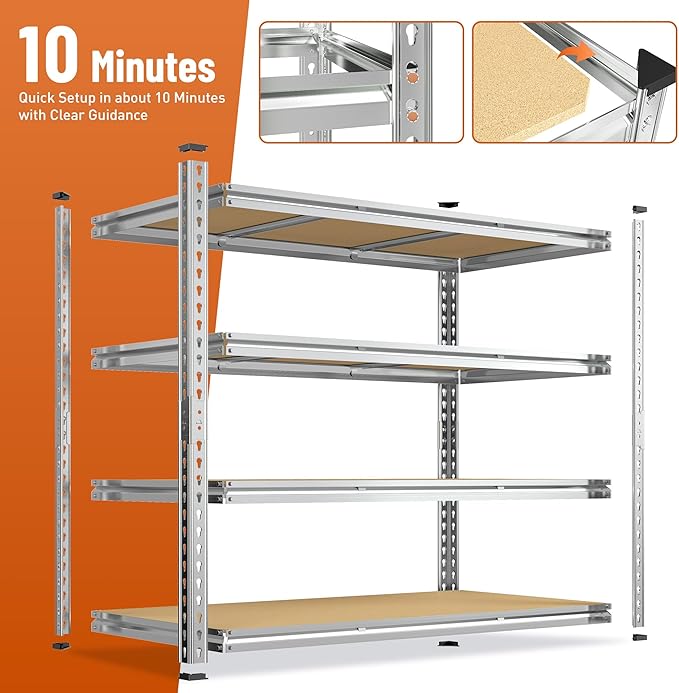 Galvanized Garage Shelving Load 2600LBS, 4-Tier Storage Shelves, Adjustable Garage Storage Shelves, Industrial Shelving, Metal Shelf for Basement, Warehouse, Kitchen, 48" W x 60 "H x 24.1" D