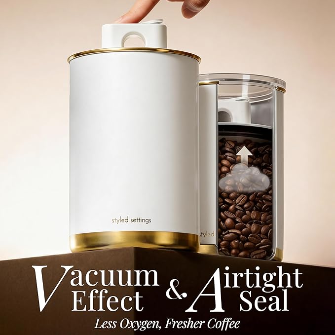STYLED SETTINGS Vacuum Coffee Canister with Airtight Lid – Dual-Lid Airtight Coffee Canister with Scoop and Label for Beans and Grounds, Food Storage Container -White and Gold Kitchen Accessories