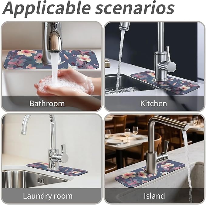 Kitchen Sink Splash Guard,Japanese camellia butterfly Faucet Mat Sink Gadgets-Super Absorbent Fast Drying Mat Drip Catcher for Kitchen, Bathroom,Sink Mat, Dish Drying Mat, Bathroom(15" X 5.5" )