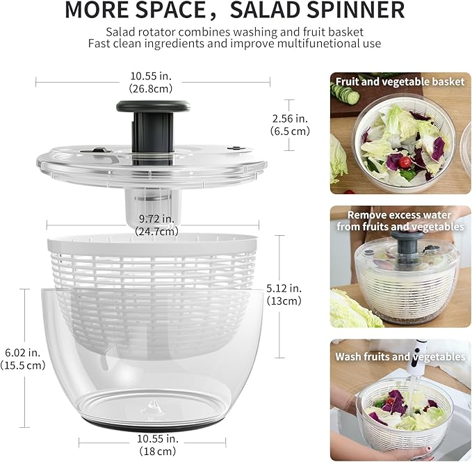 Salad Spinner Large, Fruit Washing Bowl with Strainer, Quick and Easy Use Lettuce Spinner, Fruits and Vegetables Washer, Lettuce Salad Dryer, Kitchen Essentials (6L/6.34Qt)