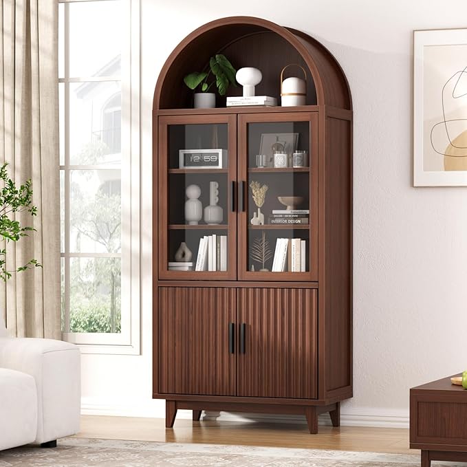 FiveWillowise Kitchen Pantry Cabinet with Glass Doors - Arched Design, Solid Wood Legs, Artistic Fluted Door, Adjustable Shelves, 70.8" Curved Storage Cabinet for Kitchen, Dining Room