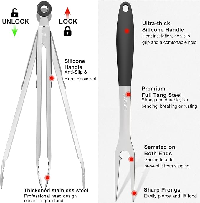 POTWIY BBQ Grilling Accessories, 3Pcs Stainless Steel Grill Tools Accessories Set with Spatula, Fork and Tongs, Barbecue Utensils Grilling Tools for Outdoor Camping, Heat-Resistant Silicone Handle