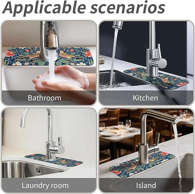 Kitchen Sink Splash Guard,strawberries and birds Faucet Mat Sink Gadgets-Super Absorbent Fast Drying Mat Drip Catcher for Kitchen, Bathroom,Sink Mat, Dish Drying Mat, Bathroom(15" X 5.5" )