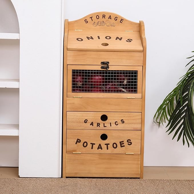 Potato Bin Veggie Organizer Rustic Pine Wood Potato, Onion & Garlic Storage Bin | Kitchen Organizer | Solid Wood Veggie Box | Compact Kitchen Box (13.77" L x 7.1" W x 29.3" H)