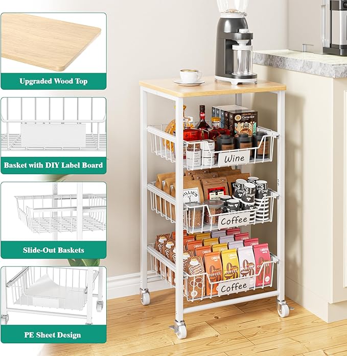 Giwil Vegetable Fruit Basket for Kitchen Pantry Organizers Storage, 4-Tier Utility Rolling Cart on Wheels with Wood Top and Drawer Wire Baskets for Onions Potatoes Snacks, White