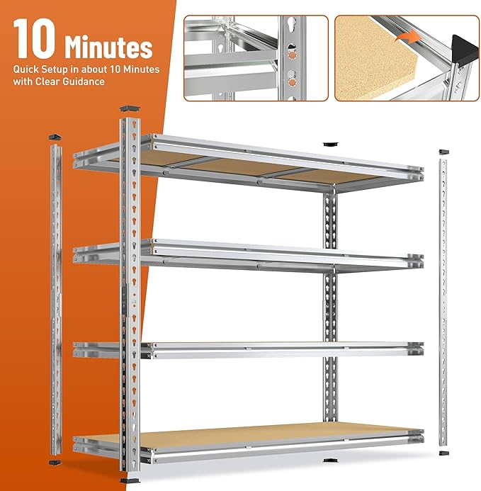 Galvanized Garage Shelving Load 2100LBS, 4-Tier Storage Shelves, Adjustable Garage Storage Shelves, Industrial Shelving, Metal Shelf for Basement, Warehouse, Kitchen, 48" W x 60" H x 17.9" D