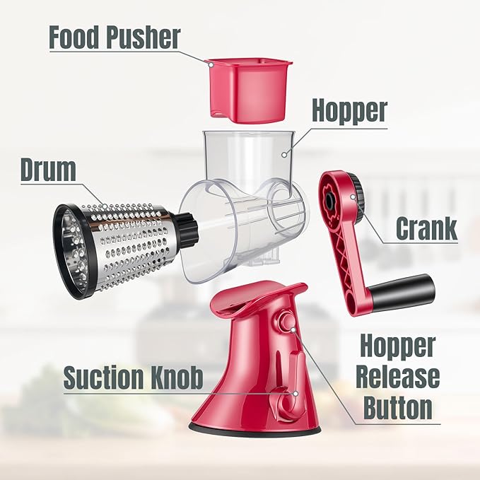 Rotary Cheese Grater with Handle - 3 in 1 Vegetable Slicer Shredder, Kitchen Mandoline with 3 Premium Stainless Steel Blades & Strong Suction Base, Easy Clean Food Chopper for Cheese Vegetables Fruits