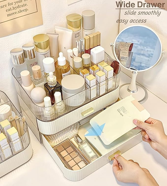 Decorcode Makeup Organizer With Stackable Drawer, Cosmetic Storage Display Case for Vanity, Bathroom Countertop or Dresser,Counter top Holder for Lipstick, Brushes, Lotions, Eyeshadow, Nail Polish