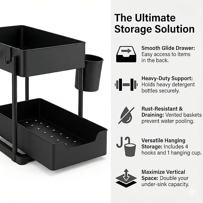 Under Sink Organizer β 2 Tier Sliding cabinet organizer with 4 Hooks & 1 Cup | Multi-Purpose Space Saving Shelf for under kitchen sink storage, Countertop, Bathroom, Pantry & Office Organization