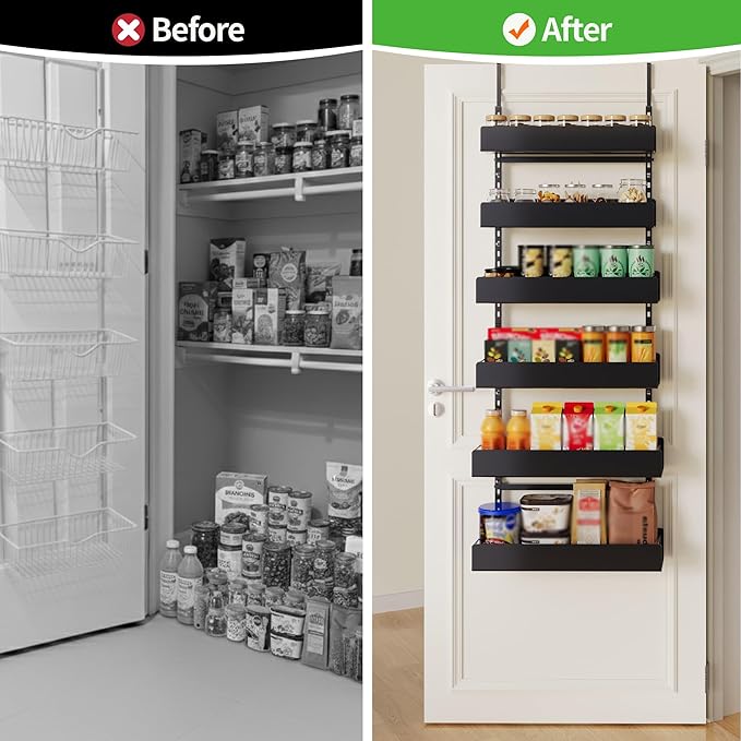 Over the Door Pantry Organizer, 6-Tier Pantry Organizers and Storage, Metal Hanging Spice Rack for Home & Kitchen, Laundry Room Bathroom Organization, Black