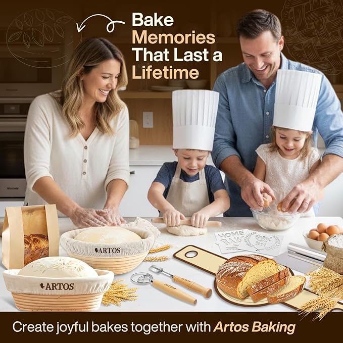 AURAVILLE Sourdough Starter Kit | 9" Round & 10" Oval Banneton Bread Proofing Baskets | Sourdough Bread Baking Supplies with Silicone Sling Dough Whisk, Scrapers Lame, Detailed Guide & Recipes & more
