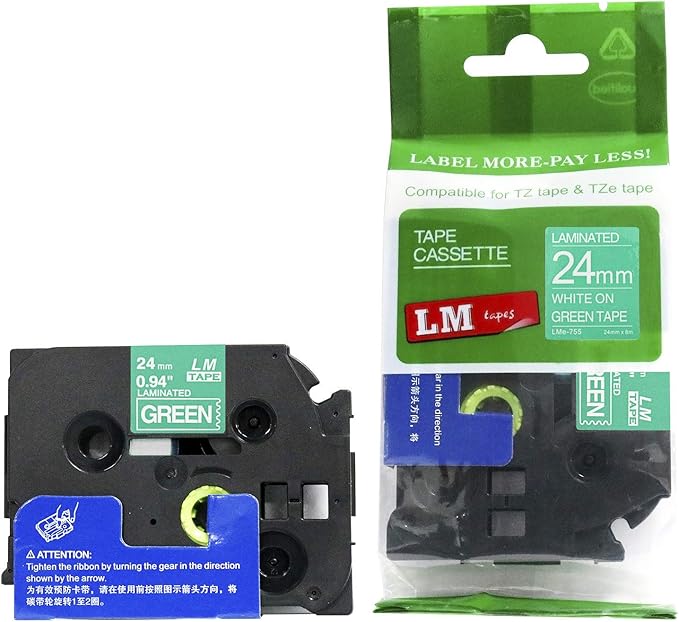 6/Pack LM Tapes - LMe-755 Premium 1" White Print on Green Label Compatible with Brother TZe-755 P-Touch and Includes Tape Color/Size Guide. Replaces TZ755 24mm 0.94 Laminated