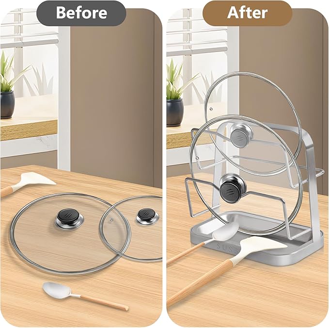Pot Lid Holder While Cooking, 304 Stainless Steel Pot Lid Organizer and Spoon Rest for Stove top, Multifunctional Pot Lid Rack and Spoon Rest for Kitchen Counter