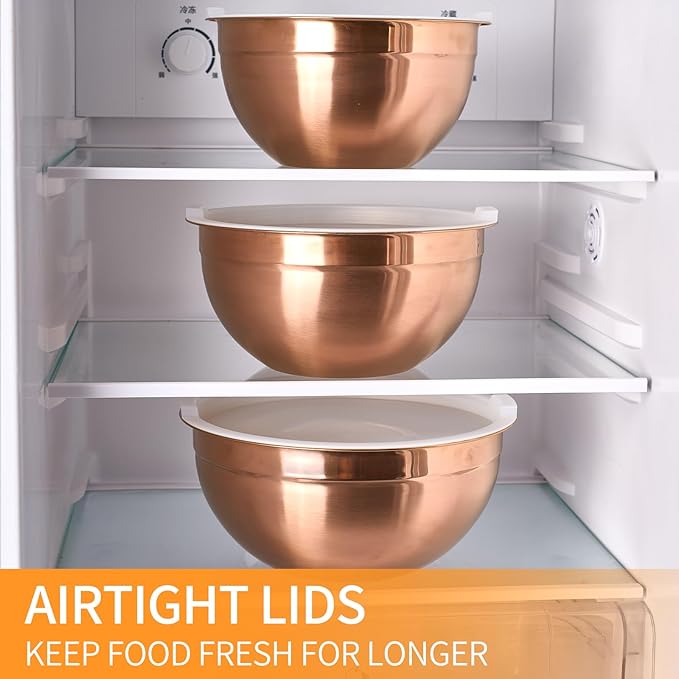 Moxinox Rose Gold Mixing Bowls with Airtight Lids, Stainless Steel Nesting Mixing Bowls Set of 5, Ideal for Baking, Prepping and Serving Food, Size 5.5, 3.6, 2.7, 2.1, 1.5, QT, Stackable Design