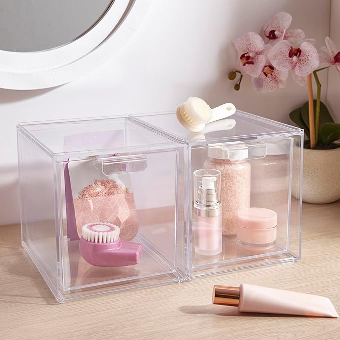 STORi Audrey Stackable Bin Clear Plastic Organizer Drawers | 2 Piece Set | Organize Cosmetics and Beauty Supplies on a Vanity | Made in USA
