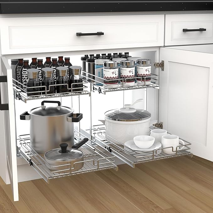2 Tier Pull Out Cabinet Organizer, 26" W x 21" D Heavy-Duty Metal Sliding Drawer Shelf for Kitchen Cabinets, Chrome, Doesn't Include Door Fittings