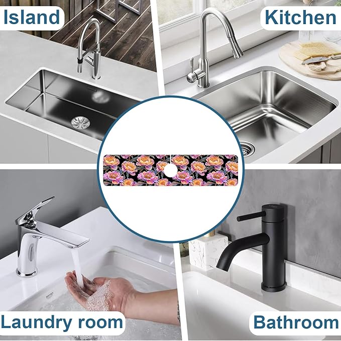 Colorful Peonies Sink Faucet Absorbing Mat Blooming Peonies Super Absorbent Fast Drying Mat Sink Gadgets Behind Faucet Sinkmat for Kitchen Bathroom, 23.5"x5.5"