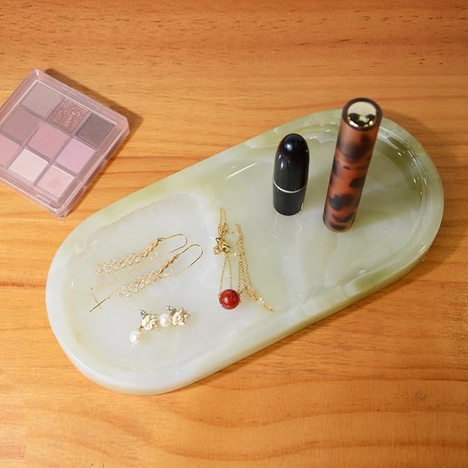 SWRONP Marble Tray for Kitchen Counter,Stone Tray for Bathroom Countertop,Dresser Small Vanity Decor,Storage Trays for Perfumes,Candles,Jewelry (Greener)