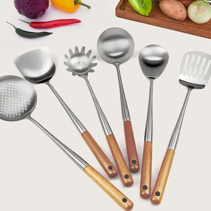 16.6 inch Stainless Steel Kitchen Utensils Set with Wood Handle, 6pcs Long Metal Cooking Utensils Set for Commercial Includes Wok Spatula, Ladle, Skimmer, Slotted Turner, Spoon(Large)